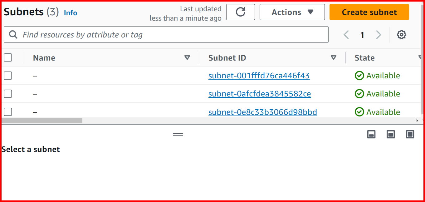 Picture showing the list of subnets of the selected VPC